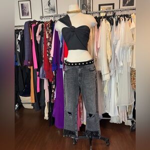 Zara Denim Pants / Denim Jeans With Fur Trim / Black Jeans